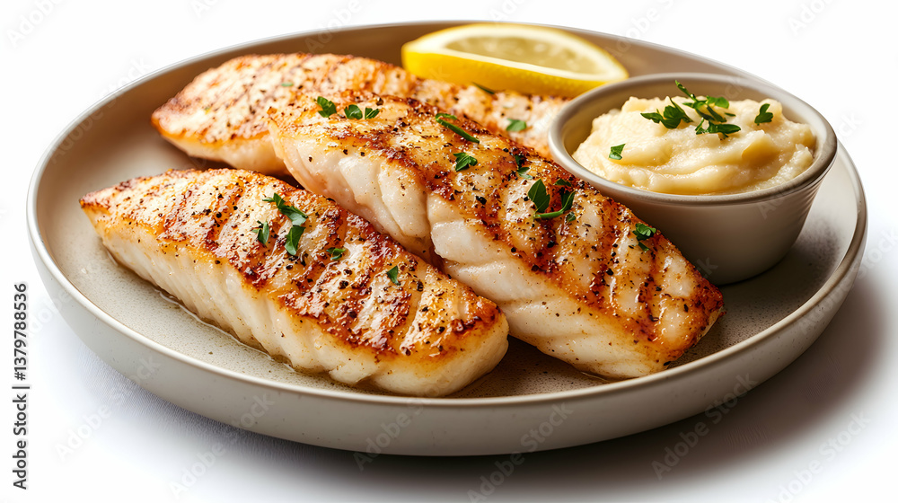 Grilled Fish Fillet with Lemon and Creamy Sauce Grilled Fish Fillet with Lemon and Creamy Sauce