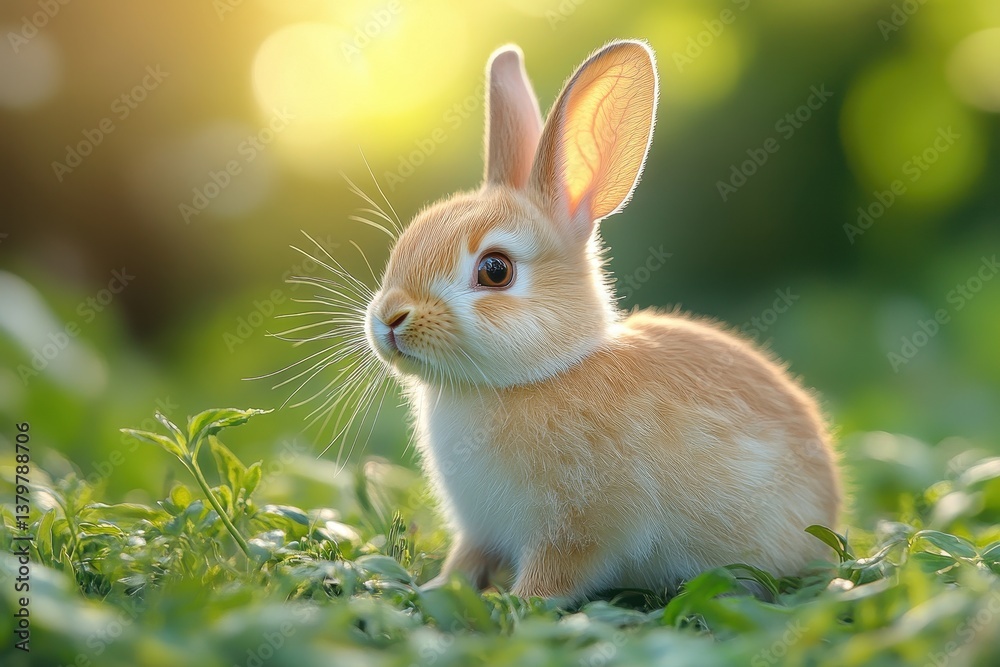 Cute young rabbit sitting in green grass during a sunny afternoon in a peaceful garden setting Cute young rabbit sitting in green grass during a sunny afternoon in a peaceful garden setting