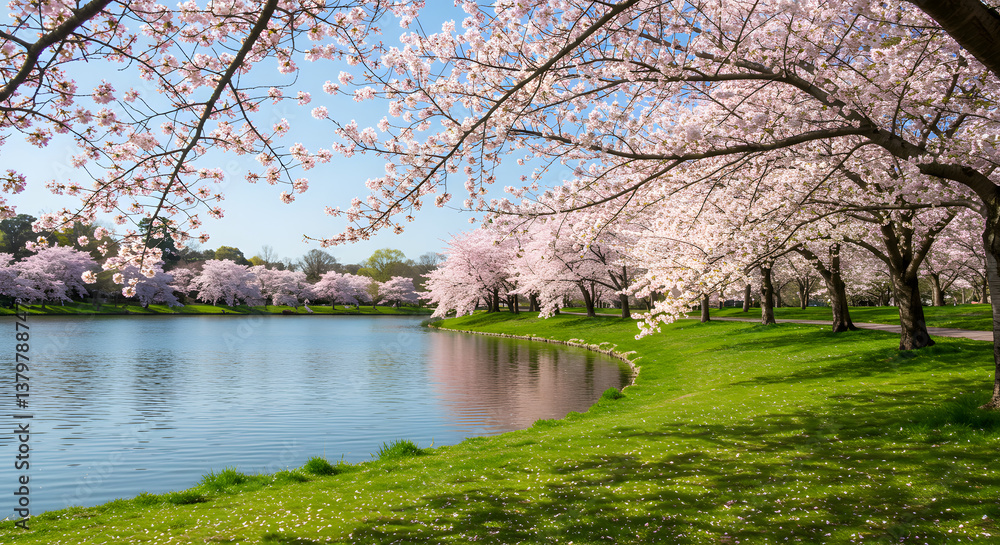 Serene Spring: Cherry Blossom Canopy Over Tranquil Pond Serene Spring: Cherry Blossom Canopy Over Tranquil Pond