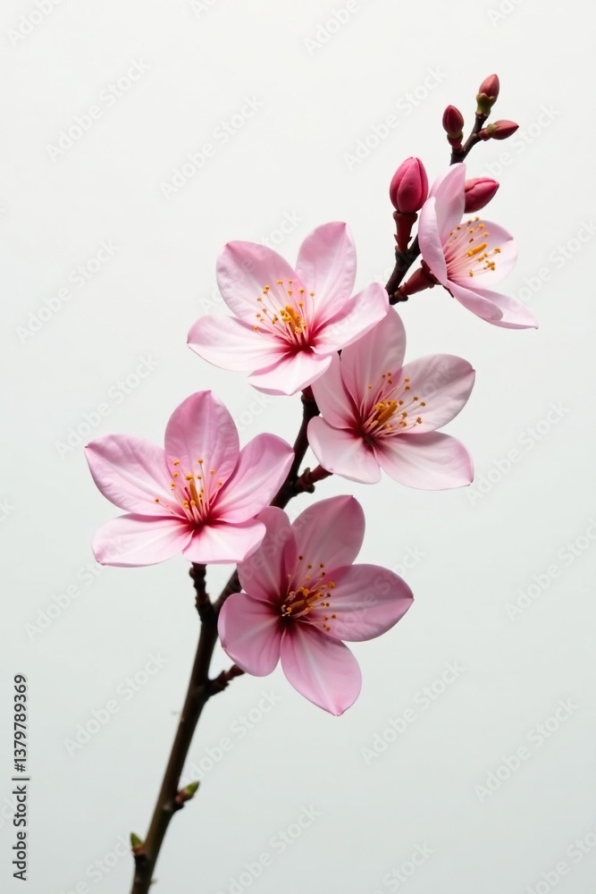 A single branch with flowers on white background, clean, bloom A single branch with flowers on white background, clean, bloom
