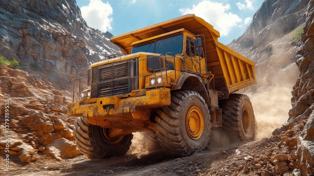 A large yellow mining truck moves along a rocky dirt road A large yellow mining truck moves along a rocky dirt road