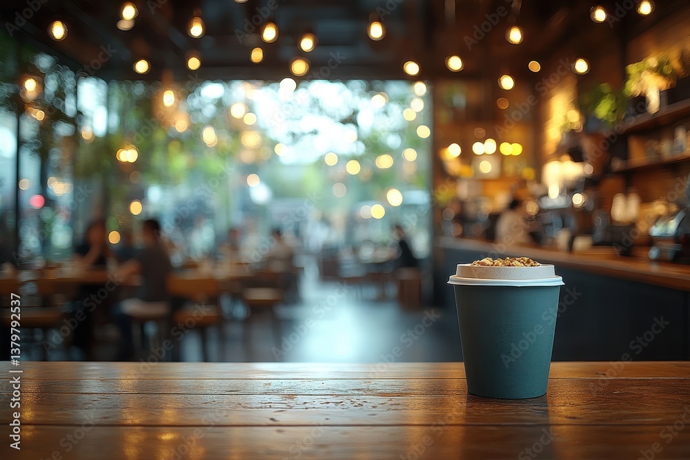 Coffee cup on wooden table in a cozy cafe with warm lighting and people enjoying their time