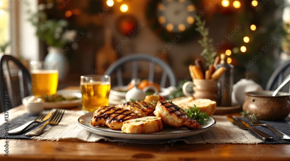 Naklejka premium Delicious Grilled Chicken Dinner with Beer and Bread