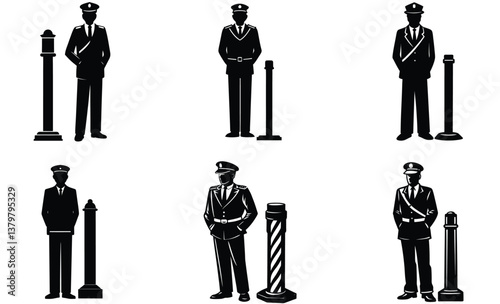  Security guard standing at a post silhouette black vector art set design