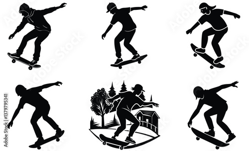 A person skateboarding in a park silhouette vector art set design 