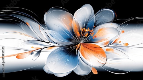 Abstract Floral Symphony: A Digital Masterpiece of Blue, Orange, and White Hues