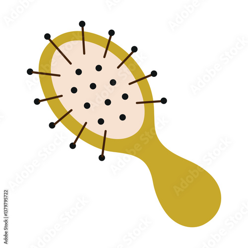 Flat cartoon illustration of hairbrush with rounded handle. Simple and stylish womens accessory for hair care, vector doodle brush for beauty routines, styling, and everyday grooming
