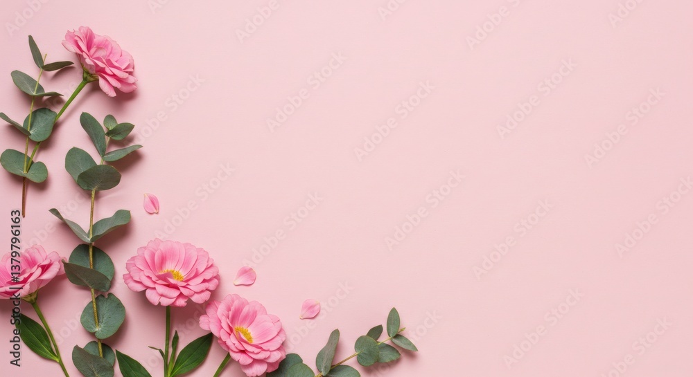 A pink background for a flat lay composition consisting of pink flowers and eucalyptus leaves A pink background for a flat lay composition consisting of pink flowers and eucalyptus leaves