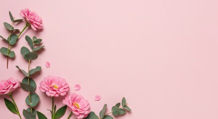 A pink background for a flat lay composition consisting of pink flowers and eucalyptus leaves