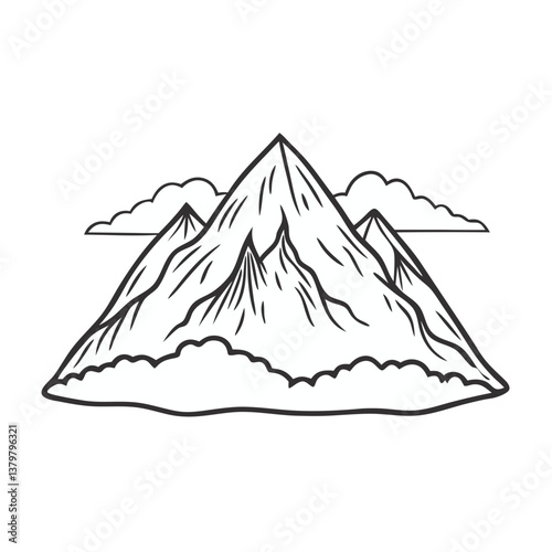 Mountain peak with clouds in outline illustration