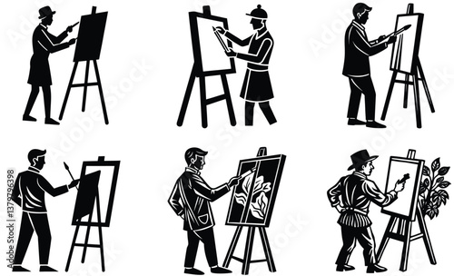 Artist painting on canvas silhouette black vector art design set