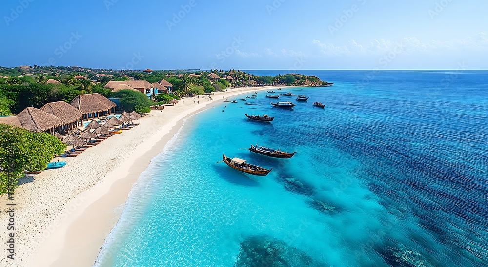 Fototapeta premium Tropical Beach Paradise in Zanzibar with Boats, White Sand, and Turquoise Water