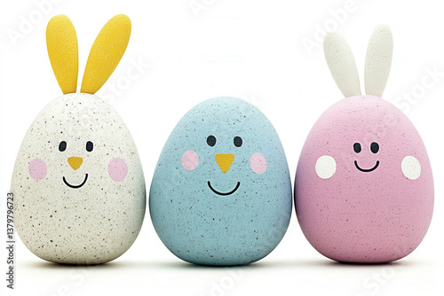Painted Rocks of Easter Bunny and Egg. Pastel colors of stones painted with faces and rabbit ears. Blank text area.