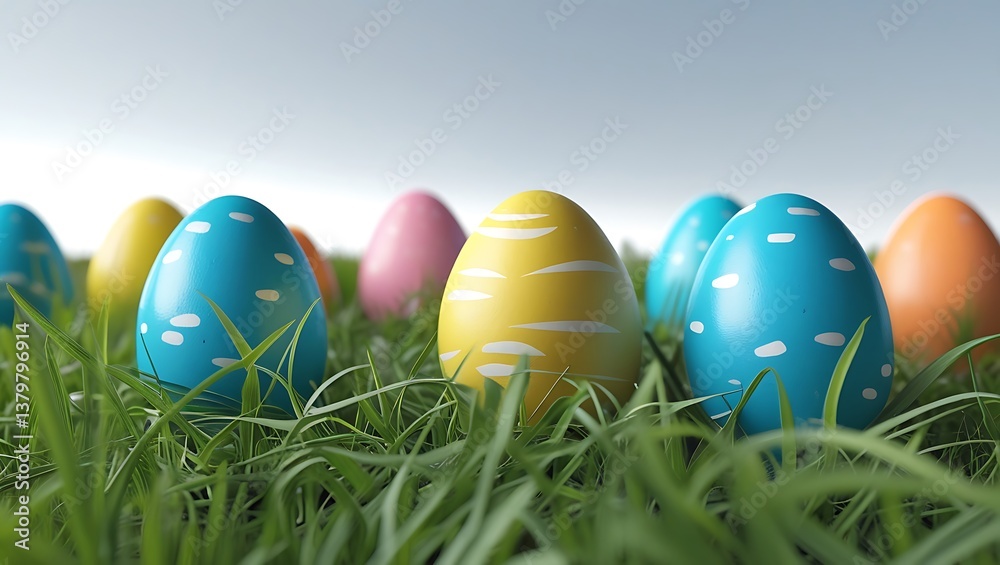 Colorful Painted Easter Eggs on Green Grass with a Blurred Foreground, Isolated on a White Background Happy Easter Template