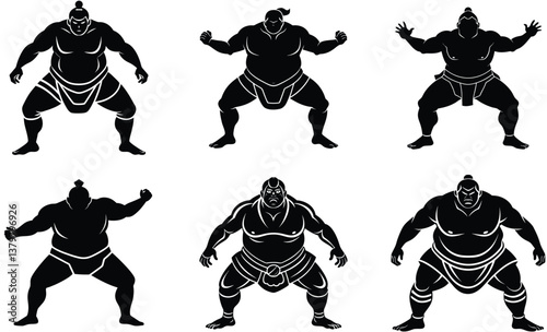 Sumo wrestler facing off silhouette black vector art set design 