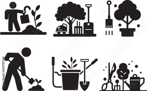 Nature maintenance icon, Silhouette illustration of gardeners performing various tasks