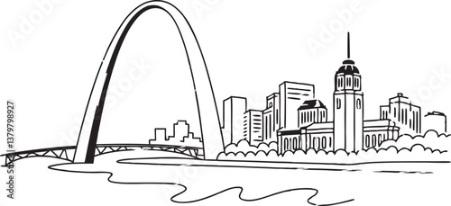 St. Louis skyline, featuring the Gateway Arch and Mississippi River in a sleek, one-line drawing of the style.