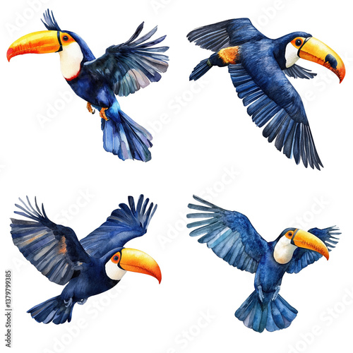 Watercolor Toucan Flying 