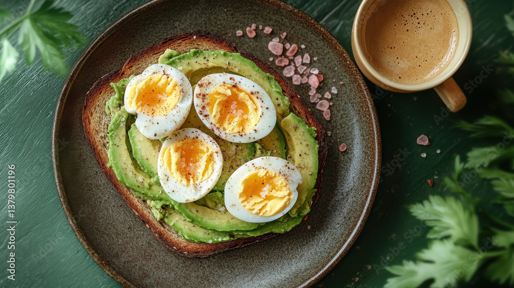 Rustic Avocado Toast with Boiled Eggs, Arugula, and Black Pepper on Whole-Grain Rustic Avocado Toast with Boiled Eggs, Arugula, and Black Pepper on Whole-Grain