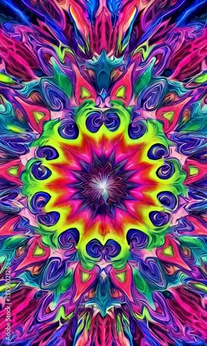 A neon, trippy, and symmetrical kaleidoscope visual.
