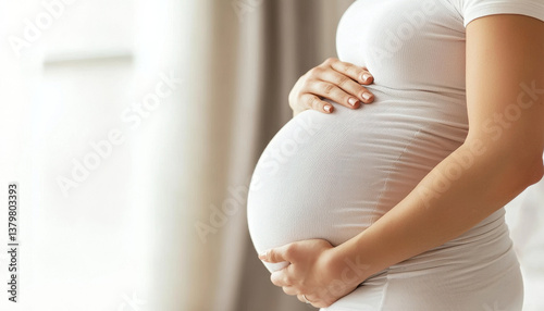 pregnant woman gently cradles her belly, showcasing beauty of motherhood in serene indoor setting