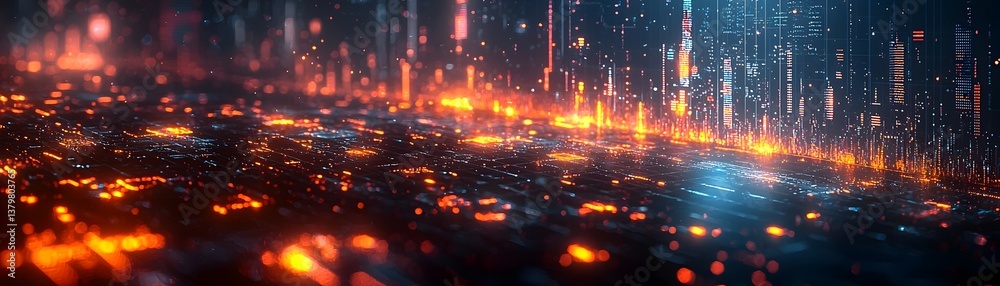 Naklejka premium Vibrant Cityscape Illuminated by Futuristic Digital Lights