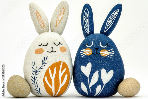 Painted Stone Easter Bunnies. blue and white with painted faces,  ears and white rock tails. Spring Easter Bunny for art projects, decor. Isolated on white background..