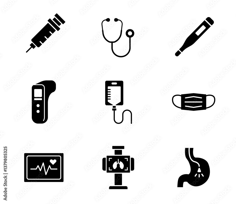 Fototapeta premium 医療機器のシルエットアイコンセット ベクター 