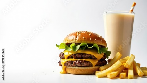 Close-up of greasy burger, fries, and milkshake on white , burger, potato fries, delicious food