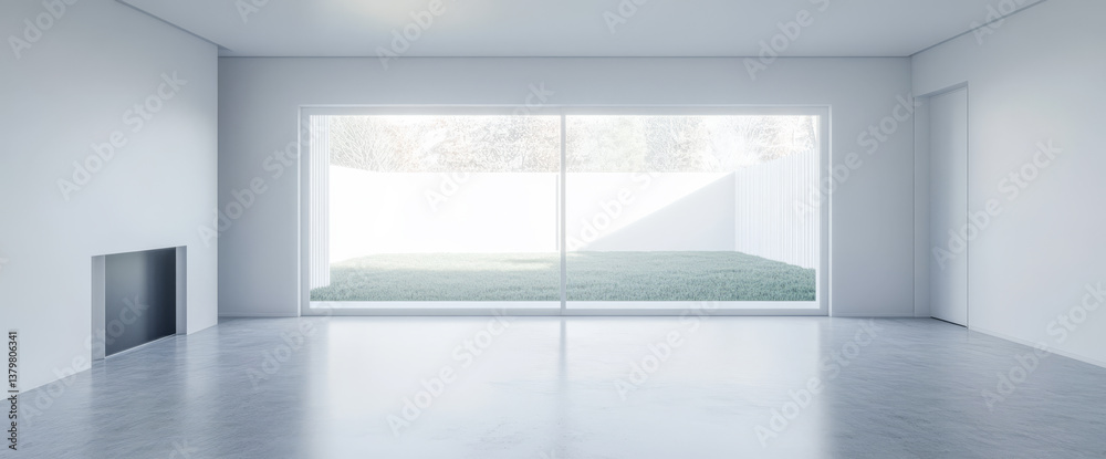 Fototapeta premium Modern minimalist interior design featuring spacious living area with large windows