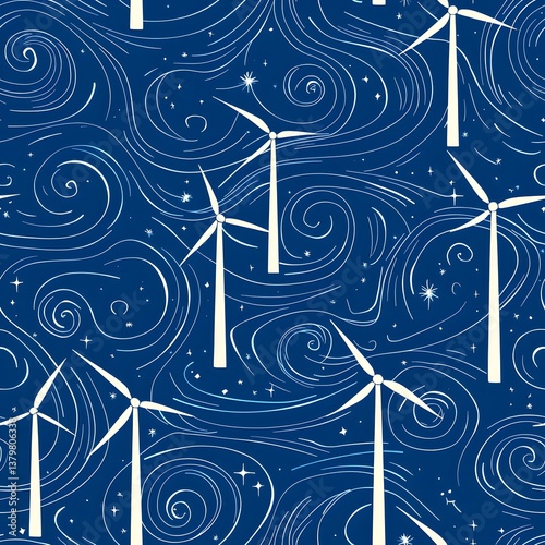 A seamless pattern featu stylized white wind turbines set against a deep blue background swirling with dynamic energy lines suggesting wind and motion creating a captivating