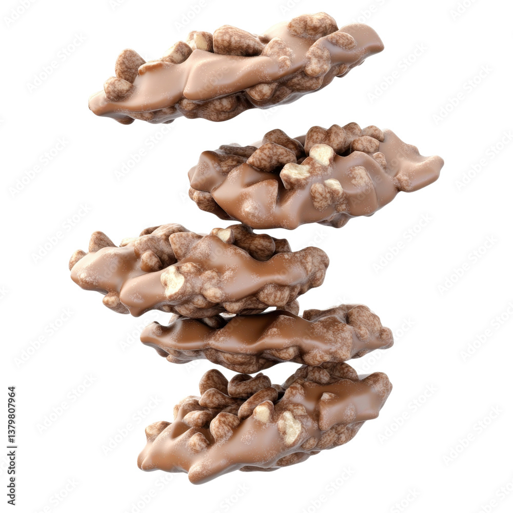 Fototapeta premium A stack of chocolate clusters featuring crunchy rice pieces coated in rich milk chocolate.
