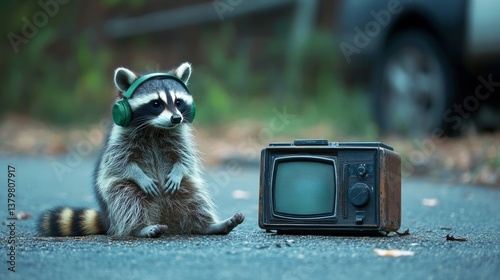 A curious raccoon is exploring a boom box in an urban alley while wearing neon headphones