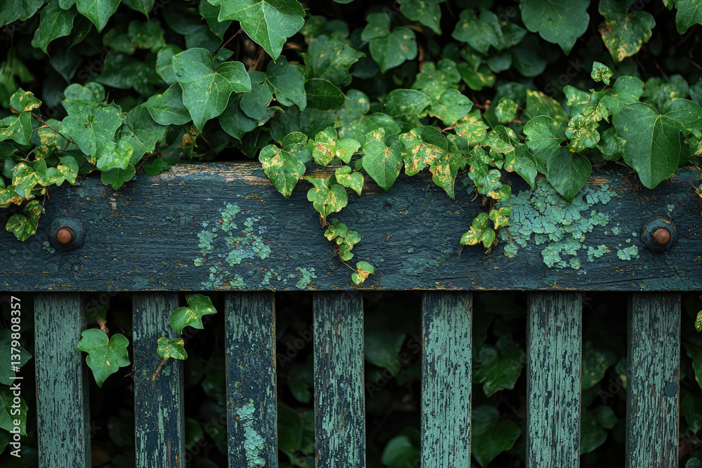 Fototapeta premium Ivy grows over a weathered, teal wooden fence, showcasing nature's resilience and beauty.