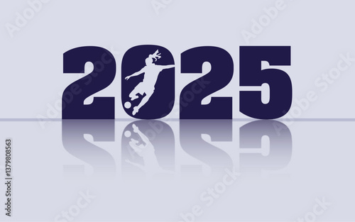 Frauen Fußball 2025 als Vektor Grafik. Das Symbolbild zeigt die Jahreszahl, eine Frauenfußball Fußballspielerin und einen Schatten.