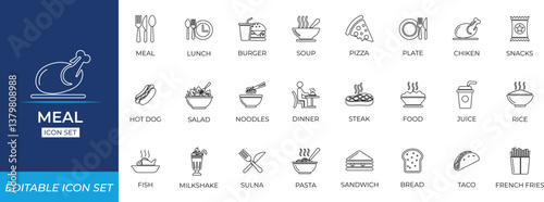 Meal line icon set with food, nutrition, fast food, east, taco, nourishment, platter, restaurant symbols for, health apps, menus, editable vector icons.
