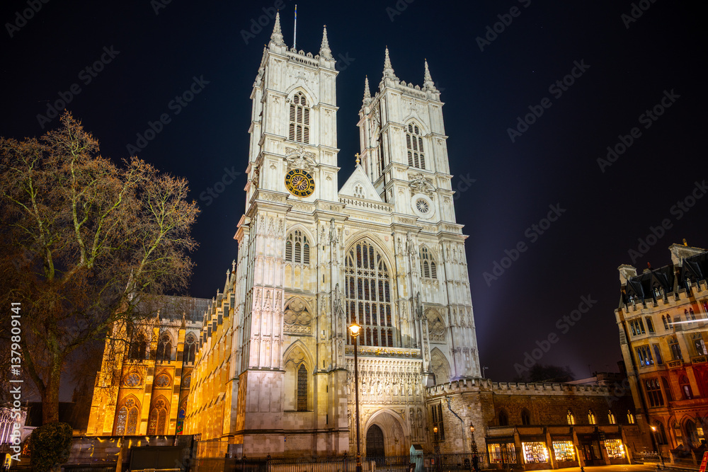 Fototapeta premium Westminster Abbey stands majestically at night, its intricate details illuminated against the dark sky. The historic site is surrounded by trees and nearby architecture, creating a serene atmosphere.
