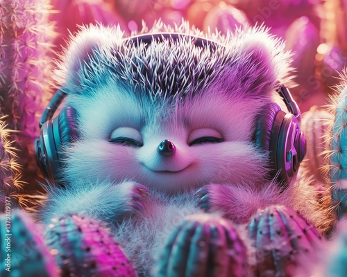 A porcupine dons neon headphones while sitting amidst glowing desert landscapes surrounded by cacti photo