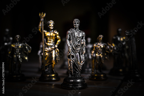 Obraz na plátně Ancient Mythology Chess Pieces in Dramatic Lighting