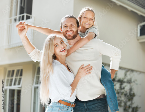 Parents, girl and outdoor by home on piggyback with smile for new house on portrait in England. People, family and happy outside with kid for bonding, support and care with property ownership