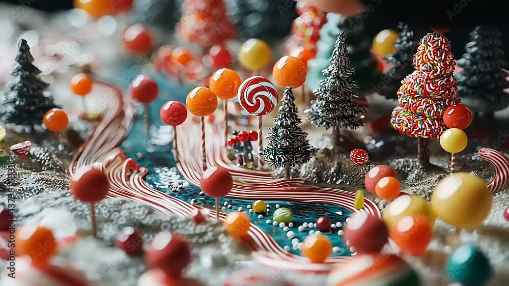 Miniature Candy Landscape with Lollipop Trees and Swirled River
