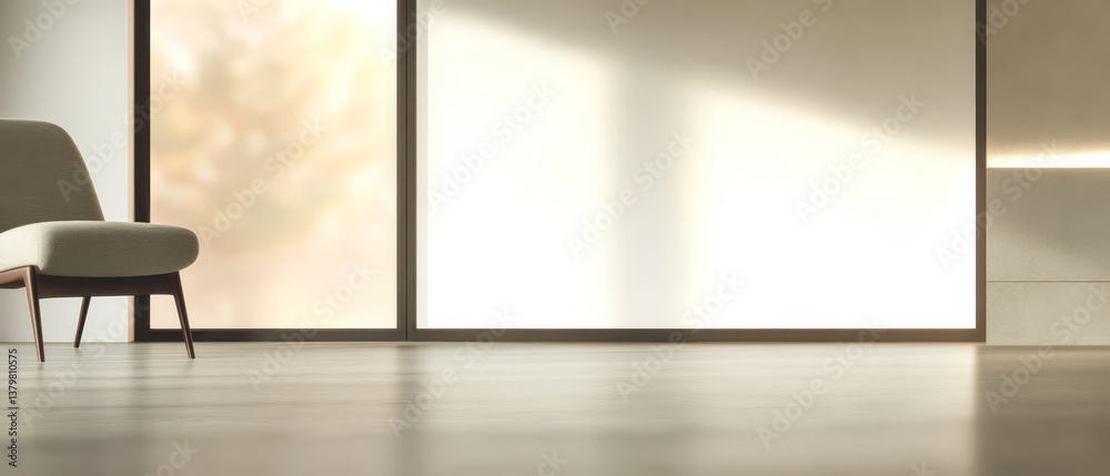 Fototapeta premium Modern interior design showcasing minimalistic chair in bright airy room with large windows