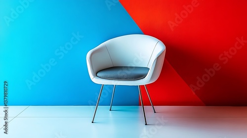 Minimalist White Chair with Bold Red & Blue Studio Background