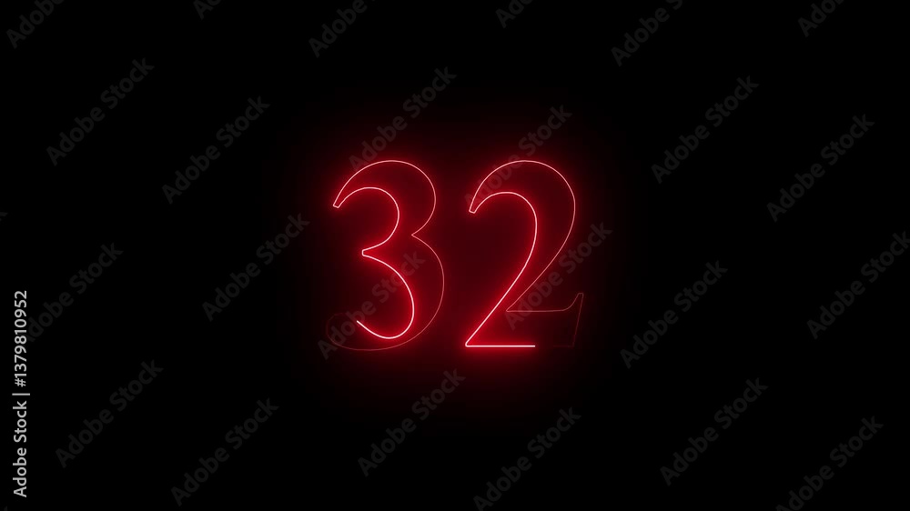 A dynamic motion, and glowing neon number 32 animation on a black background. 4k motion graphic animation. A dynamic motion, and glowing neon number 32 animation on a black background. 4k motion graphic animation.