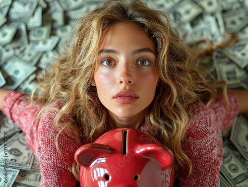 Young woman lays amid wealth with a red piggy bank, dreaming of saving photo