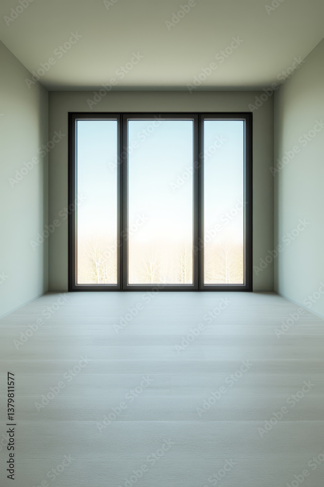 Fototapeta premium Modern minimalist room with large windows overlooking a peaceful landscape