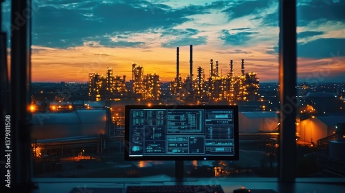 Obraz na płótnie Scada system technology with data base on computer monitor screen at renewable power plant factory for controller engineer teamwork. w salonie