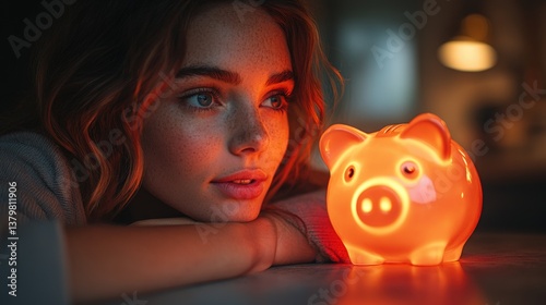 Young woman looks hopefully at glowing piggy bank symbolizing financial future