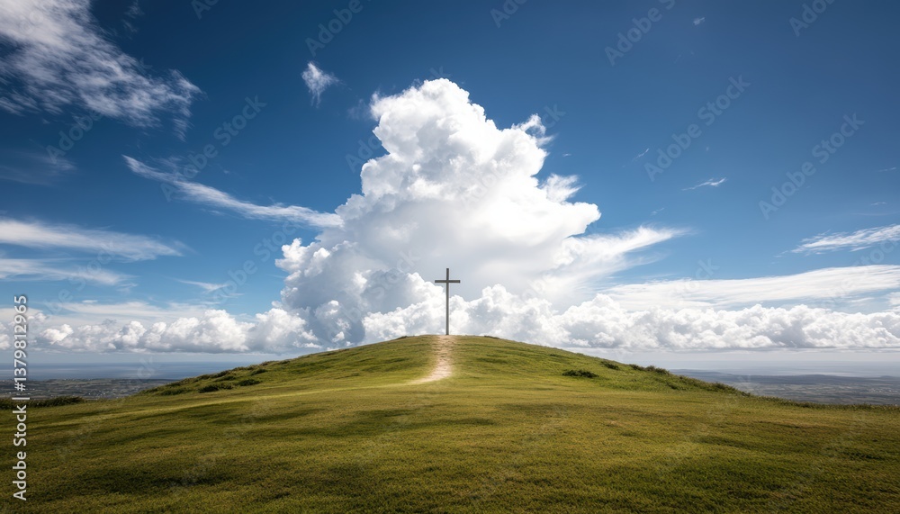 Obraz premium A cross stands atop a hill against a serene sky backdrop.