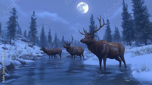 Moonlit Elk Herd by a Frozen River in a Snowy Winter Forest